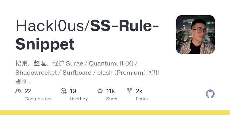 GitHub - Hackl0us/SS-Rule-Snippet: 搜集、整理、维护 Surge / Quantumult (X) / Shadowrocket / Surfboard / clash (Premium) 实用规则。