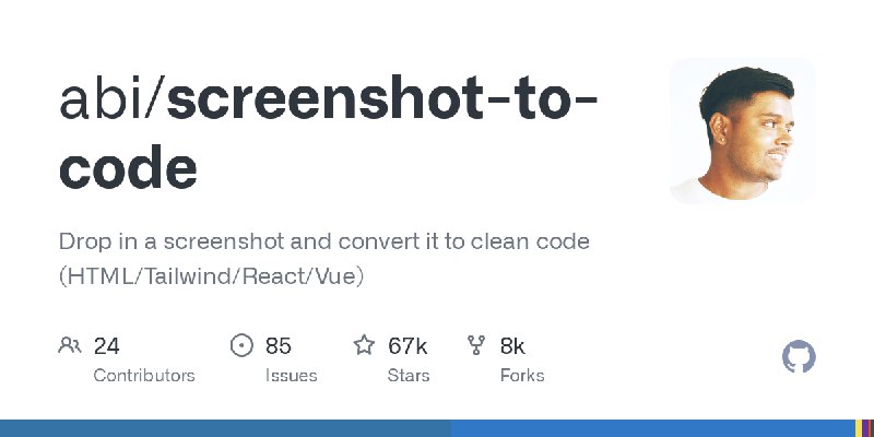 GitHub - abi/screenshot-to-code: Drop in a screenshot and convert it to clean code (HTML/Tailwind/React/Vue)