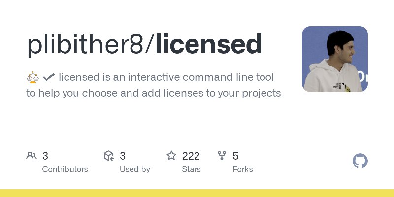 GitHub - plibither8/licensed: ⚖️ ✔️ licensed is an interactive command line tool to help you choose and add licenses to your projects