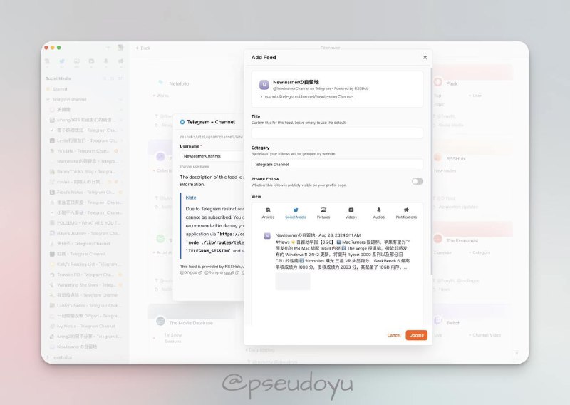 #telegram #RSS #Channel #Blog #MTProxy📢 使用 Telegram 官方 API 与 MTProxy 实现 Telegram 频道 RSS 订阅🔗：Blog📝 文章概述- Follow & RSSHub- RSSHub Telegram 集成与部署- 总结❓ 因为一些 原因，自留地频道的 RSS 已经停摆了好几个月