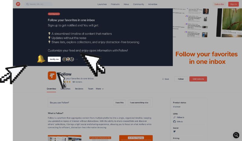 👋 Hello everyone, I'm the creator of RSSHub, and I've recently developed a special RSS reader called Follow. This reader is seamlessly integrated with RSSHub, making it easier for users to access and utilize its features. Follow represents my new exploration into the future possibilities of RSS. It will be launching on Product Hunt next Monday, and I would greatly appreciate your support by voting for it on that day. Your support is crucial for the continued growth and development of both Follow and RSSHub. Thank you so much!!! 🙏🙏🙏 👋 大家好，我是 RSSHub 的作者