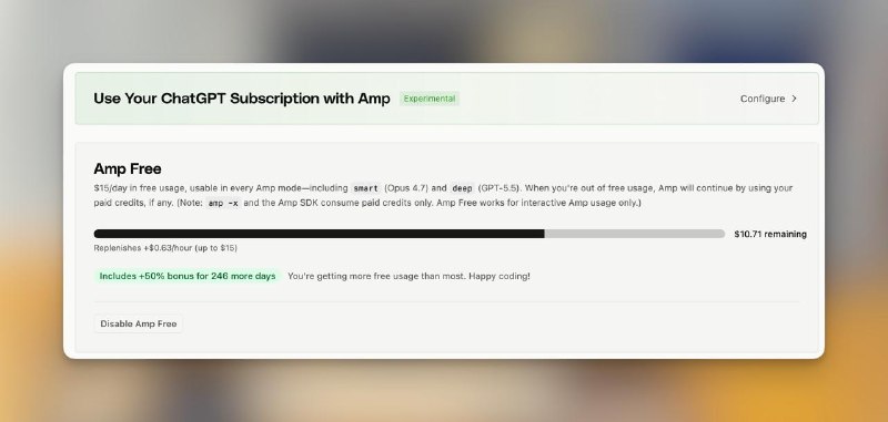 现在 Amp Code 终于可以绑定自己的 ChatGPT 订阅以及 Anthropic Api Key 了，之前纯按量计费太贵了，随便几个问题就花了一百多刀
