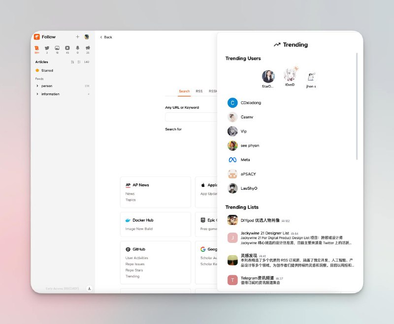 七天的内部黑客松果然还是最后两天疯狂肝 🥹 终于赶上提交 DDL 了团队做了一个 Follow Web 版的浏览器插件 加了“第三方” Trending 页面、文章评论等社交功能和个人 Timeline 页面 还有很多有意思的功能想加可能很快就会上架 Chrome Extension Store 