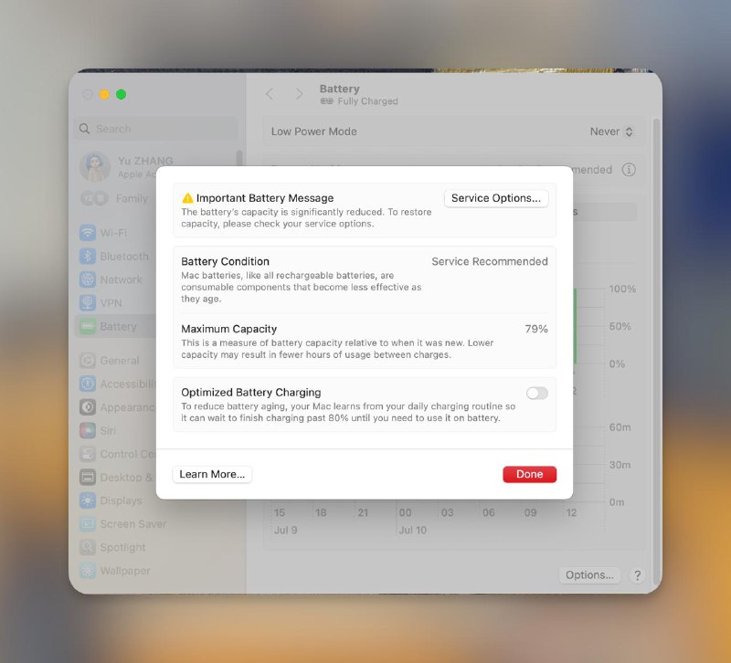 今天突然发现电池健康 79% 了，Apple Care 还有两年才到期，可以快乐地去换新电池了，感恩 macOS 26 beta 1，让我短短两周电池健康掉了好几个点 🤣