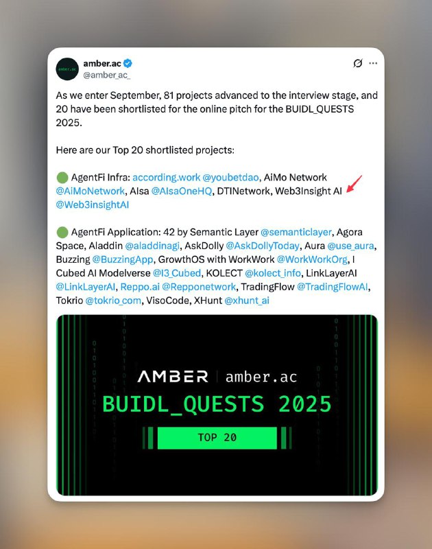 哇 web3insight.ai 项目到 Amber BUIDL_QUESTS 2025 AgentFi Infra 赛道下一轮了！🥰