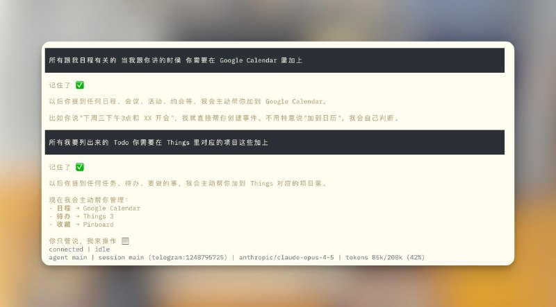 之前我推荐过一个叫 Toki 的 Telegram 应用来进行日程管理，其实还挺好用的，但是免费版限制很多，又没有到需要自己去写一个 Agent 来做的必要